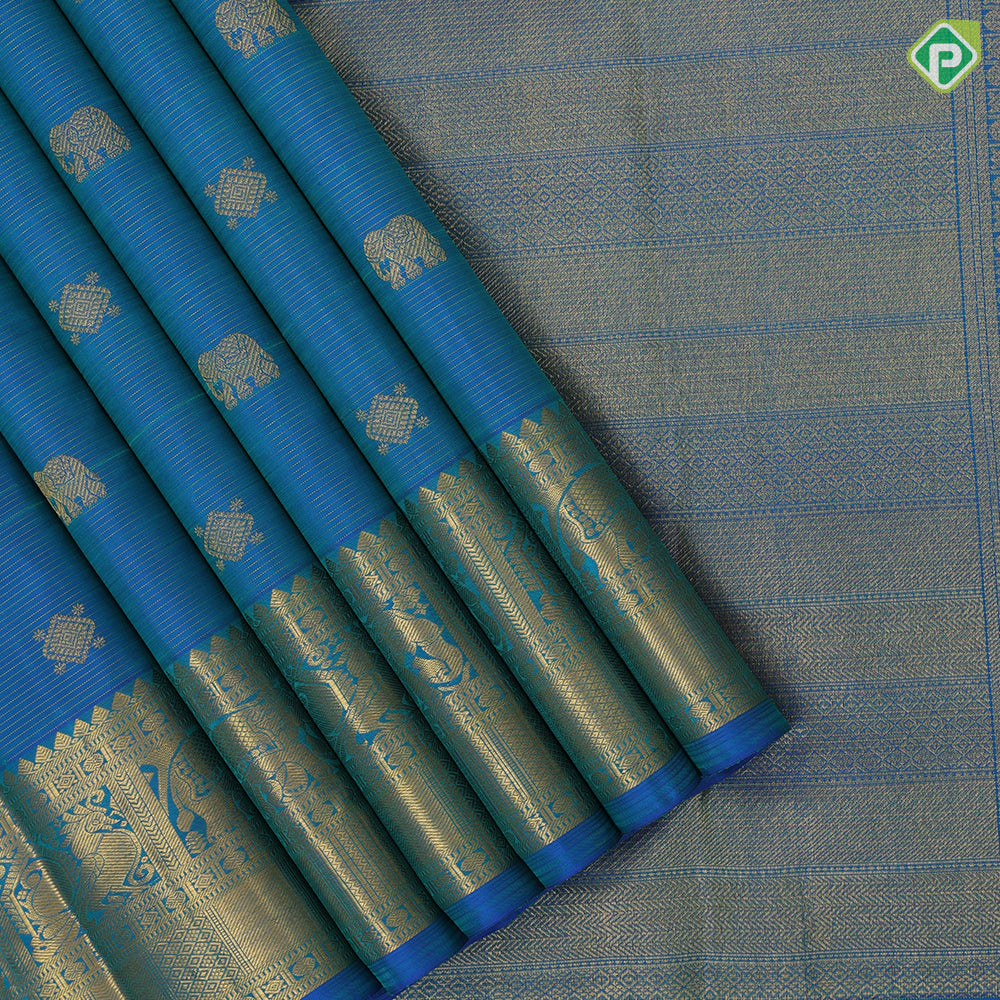 Peacock blue gold zari vairaoosi Elephant square butta self gold zari peacock and gaja butta lines border koorai silk saree