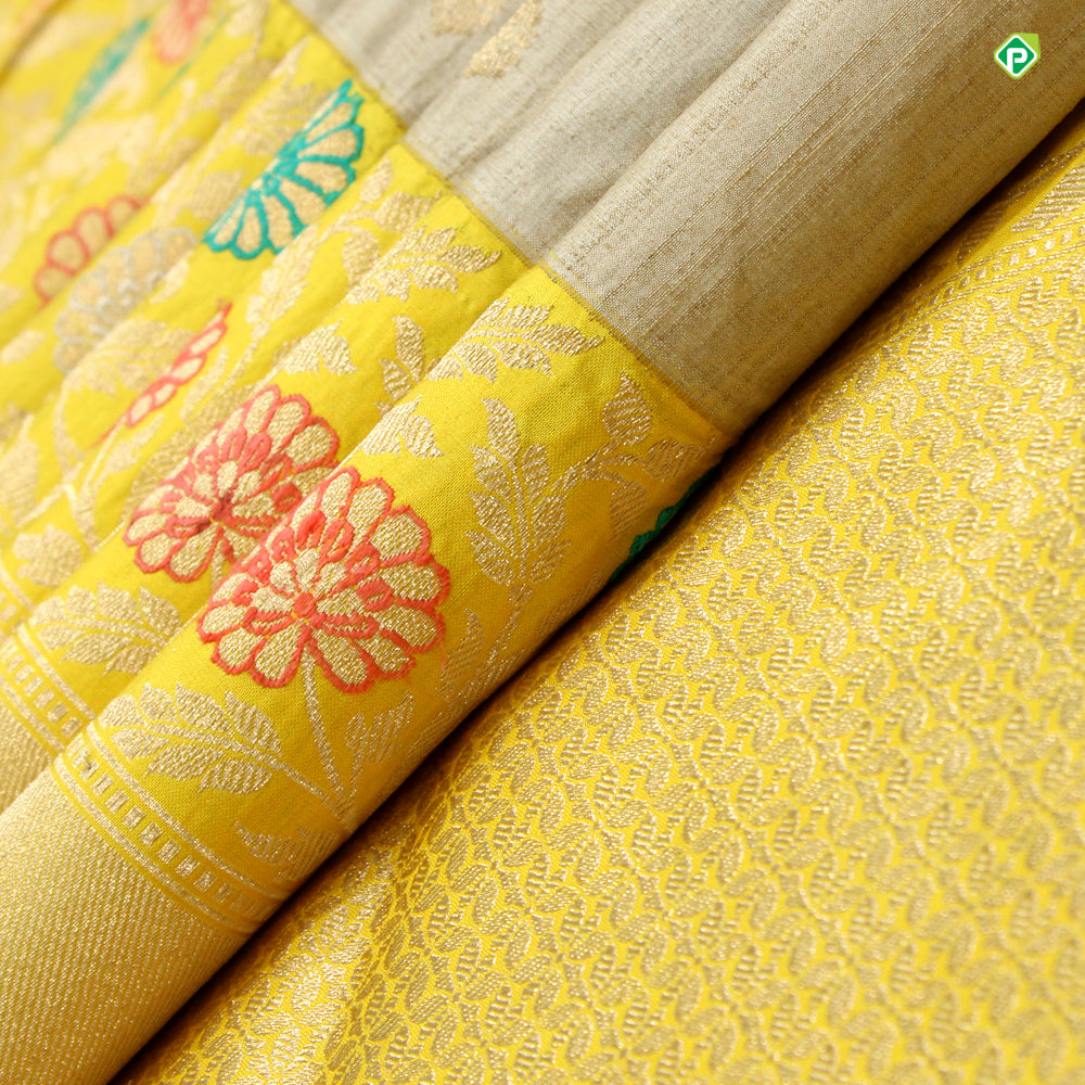 Beige With Corn Yellow Colour Small Flower Motifs Butta Banarasi Silks Saree