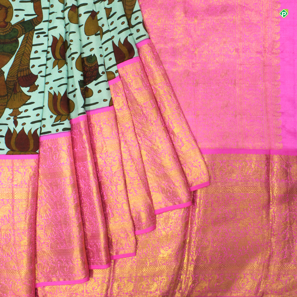 Rama Blue With Peach Pink Hand Painting Kalamkari Silks Saree