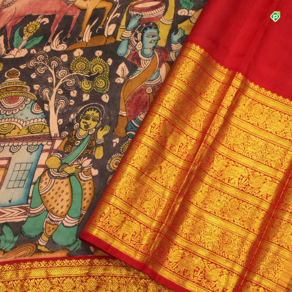 Pewter Grey With Brick Red Pure Hand Painting Kalamkari Silks Saree