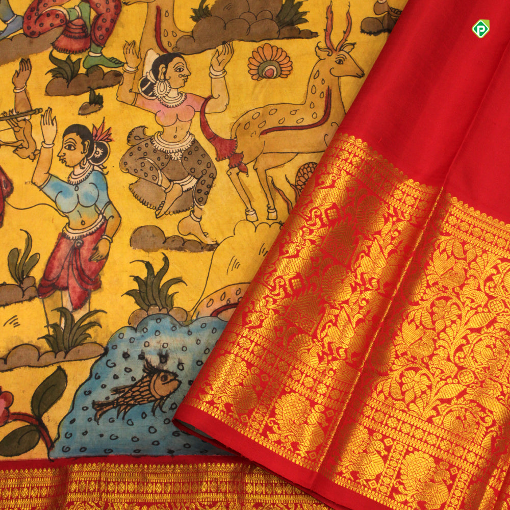 Mustered Yellow With Brick Red Hand Painting Kalamkari Silks Saree