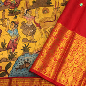 Mustered Yellow With Brick Red Hand Painting Kalamkari Silks Saree