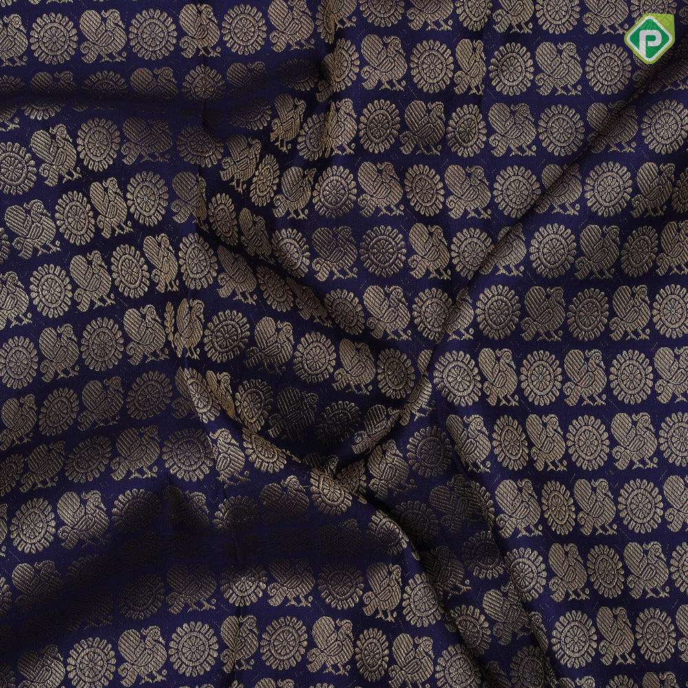 Indigo Blue gold zari peacock rudraksham full body butta self color gold zari multi design lines bridal silk saree