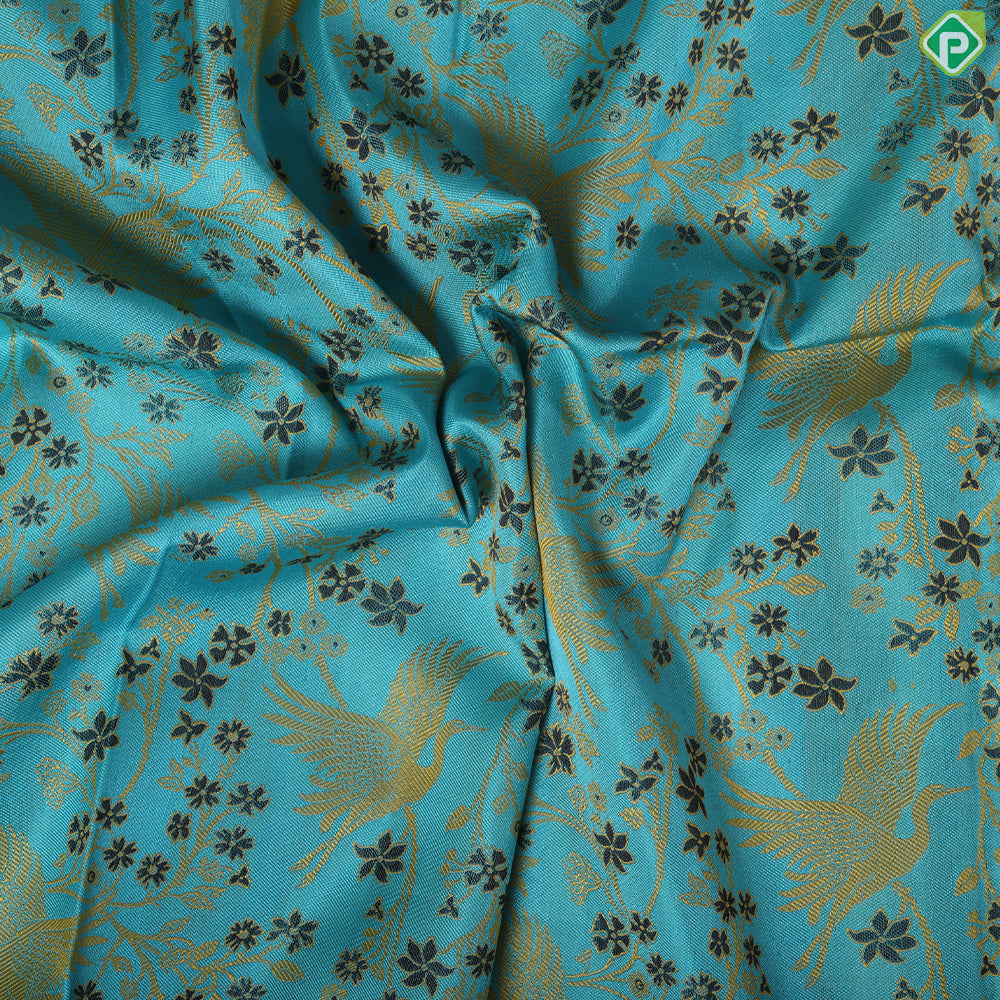 Rama Blue Mustard yellow meena work design brown copper zari thilagam border trendy silk saree