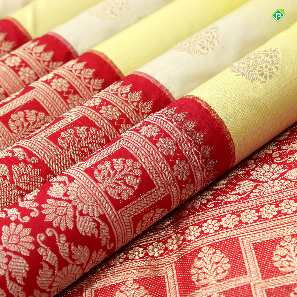 Lemon Yellow With Beige And Chilly Red Colour Small Thilagam Motifs Banarasi Silks Saree