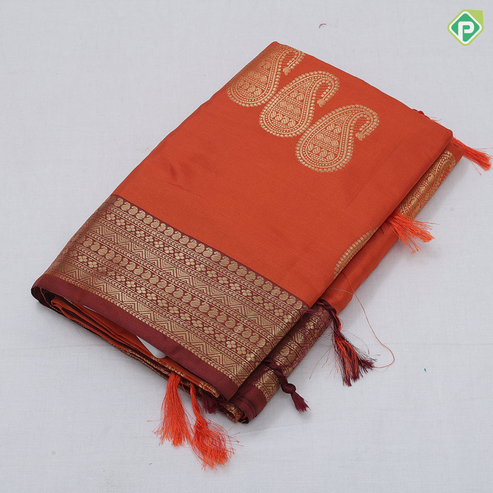 Rust Orange Gold Zari Butta Design Brown Floral Border Design Soft Art Saree