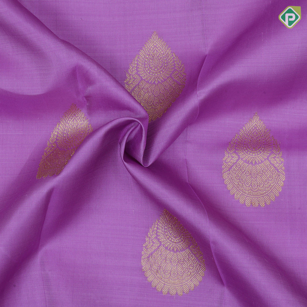 Lavender gold zari thilagam butta design self gold zari zig zag edge border traditional silk saree