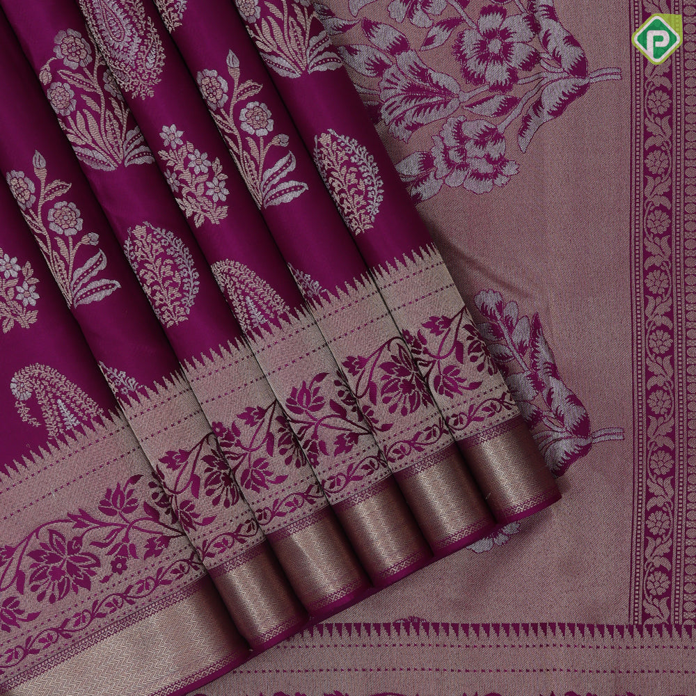 Magenta Gold Silver Zari Flower Manga Design Self Colour Floral Border Design Trendy Silk Saree