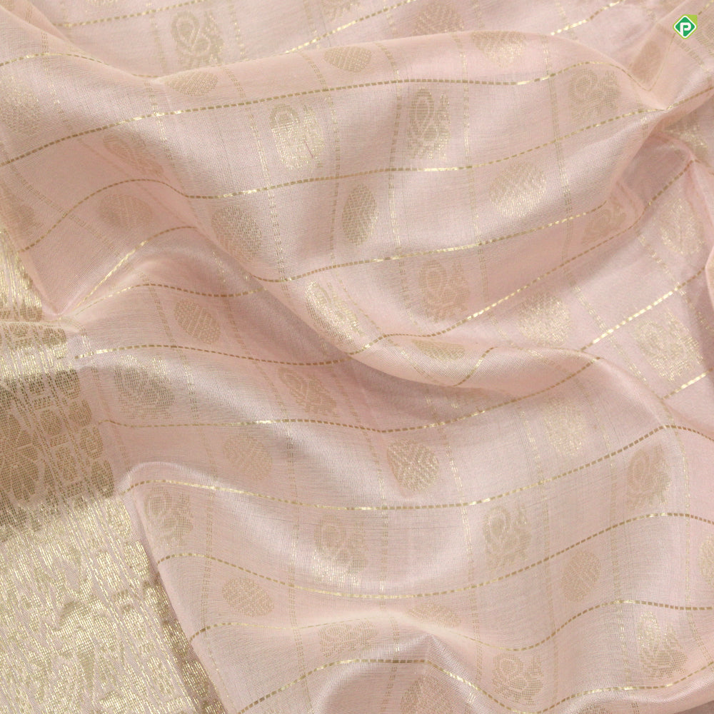 Baby Pink With Silver Zari Checked Peacock Chakram Motifs Kuppadam Silk Cotton Sarees
