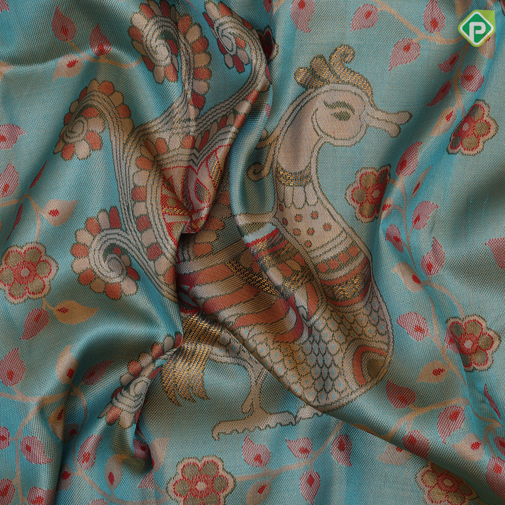 Milk white gold zari colorful big peacock zari by zari weaved self gold zari turning border signature edition silk saree