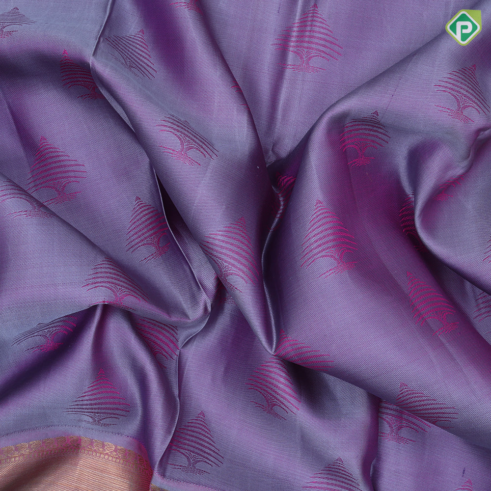 Lavender with silk pink fancy tread butta multi color mountain scenery design border trendy silk saree