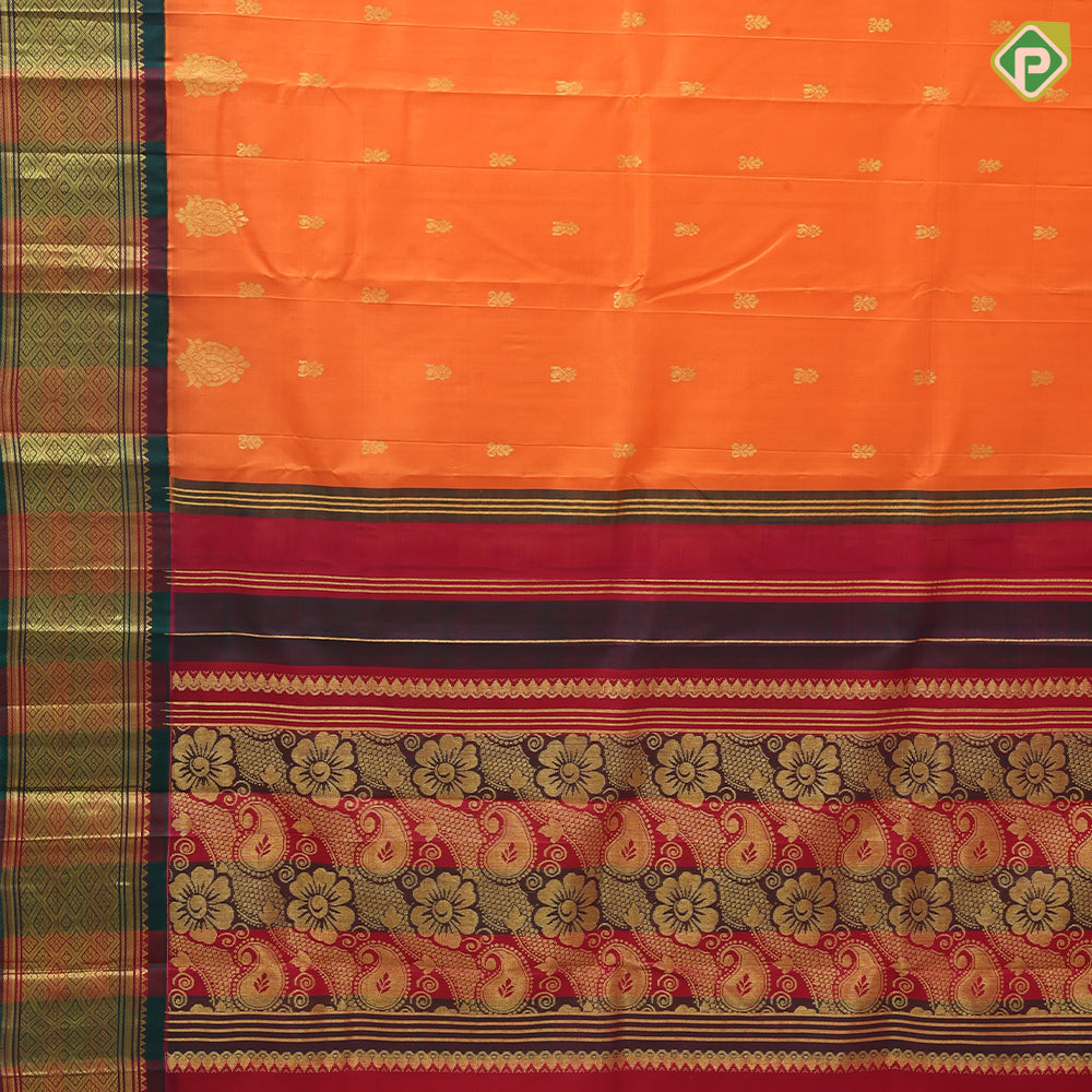 Dark orange gold zari fancy flower butta green red gold zari big diamond design one side border silk saree
