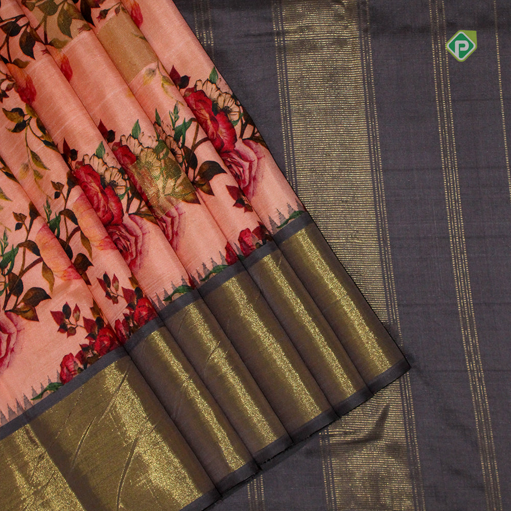 Peach Pink Gold And Silver Zari Plain Border Pure Printed Saree
