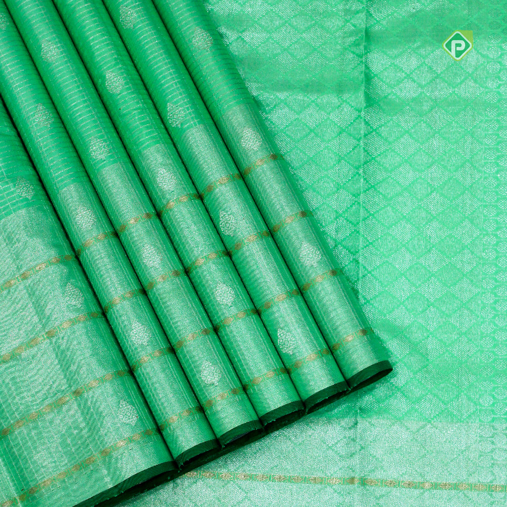 Pista Green Silver Zari Weaved Four Line Rudraksham Border Traditional Silk Saree