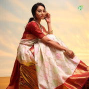 Cream White With Orangish Pink Floral Work Grand Bridal Silks Saree