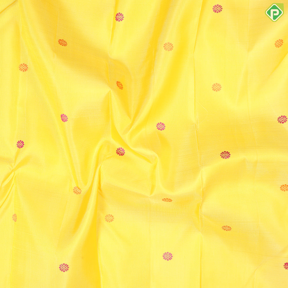 Corn Yellow Silk Thread Butta Design Rani Pink Korvai Border Traditional Silk Saree