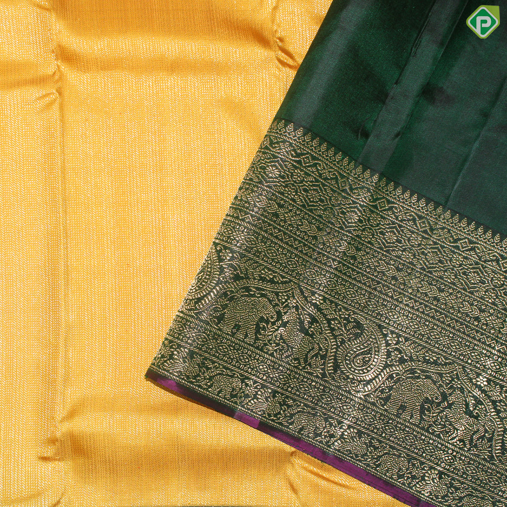 Mustard Yellow Gold Lines With Bottle Green Vanasingaram Design Border Traditional Silk Saree