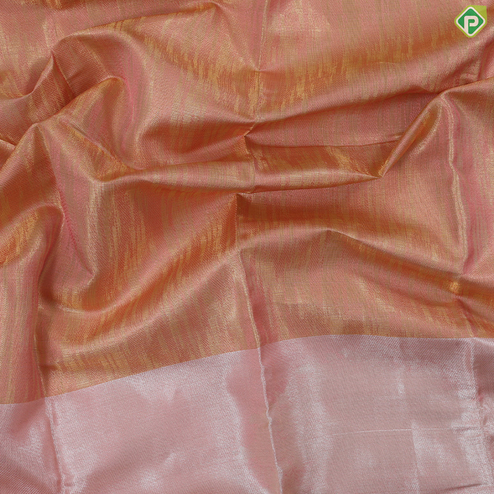 Peach pink gold zari grains tissue zari by zari tissue weaved design Baby pink border trendy silk saree