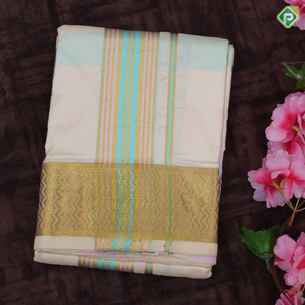 creamy sandal multi color checks design gold zari mayilkan border 8*4 silk dhoti set
