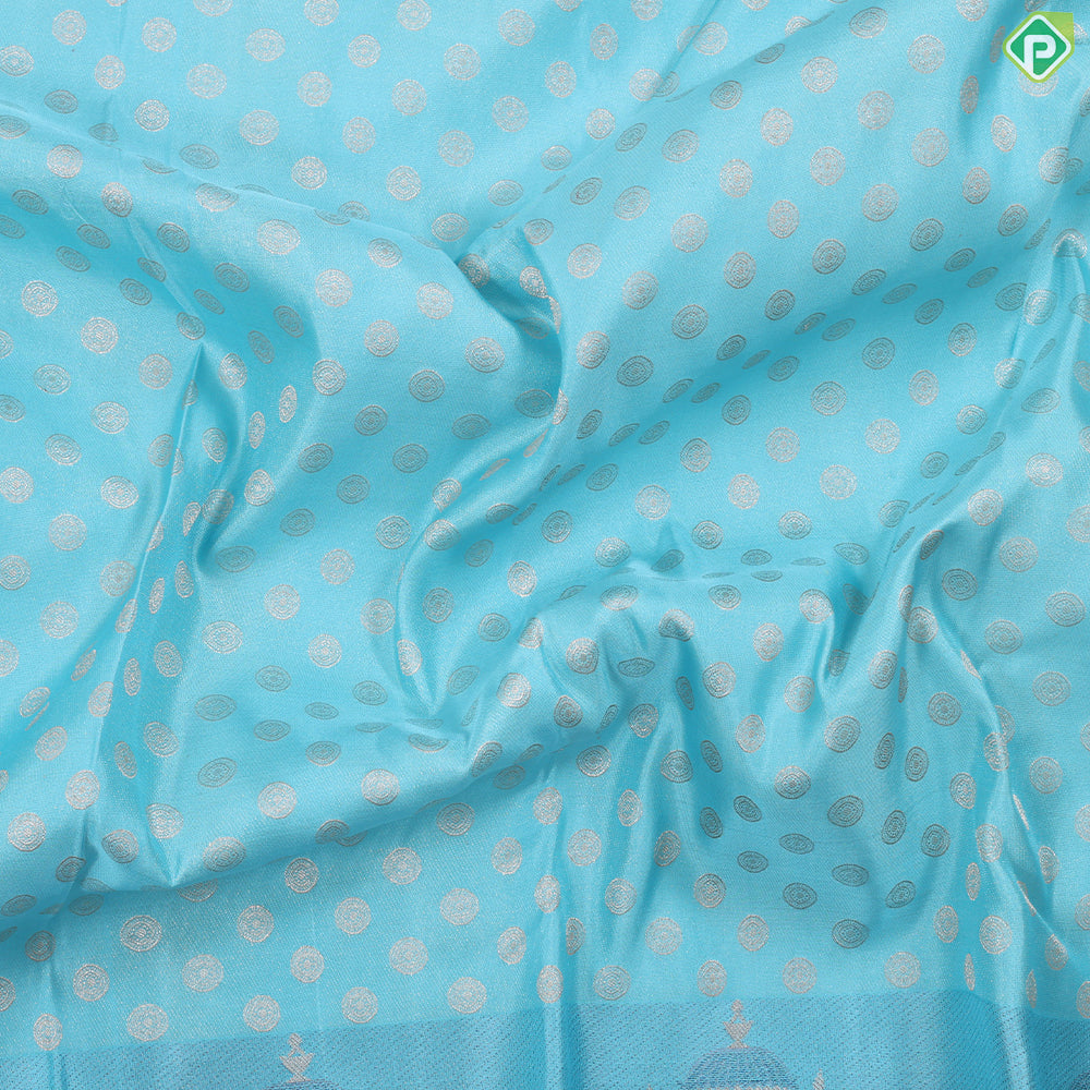 Sky Blue silver gold zari double layer round butta design Couples in Chariot posture Border Trendy silk saree