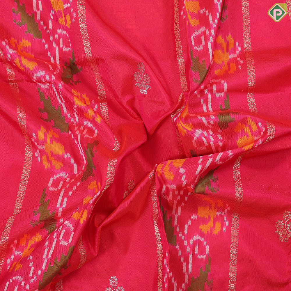 Pinkish Red gold zari stripes silver zari butta ikkat design self gold zari bordar Ikkat Silk saree