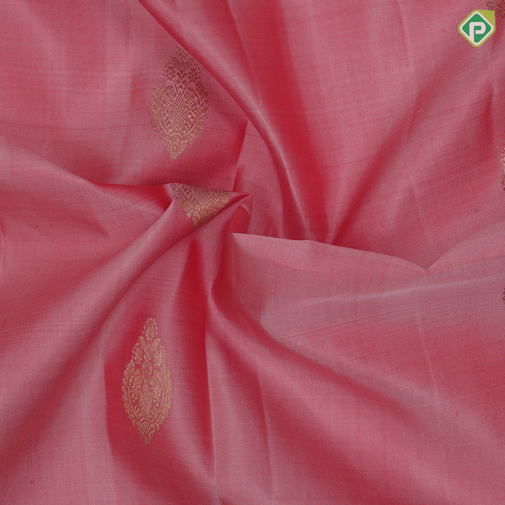 salmon  pink gold zari thilagam design dark pink lotus mayilkan border design traditional silk saree