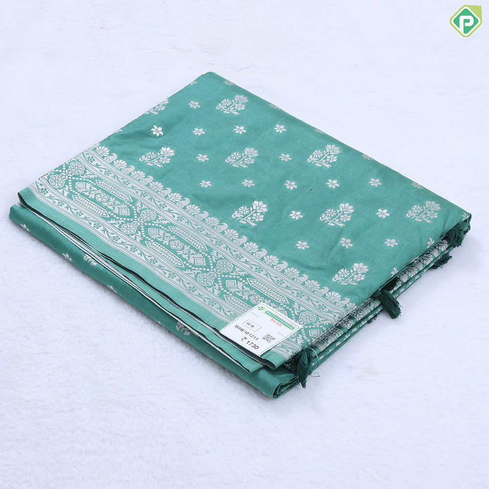 Indigo blue silver zari flower butta design banaras self rangoli border chiffon fancy saree