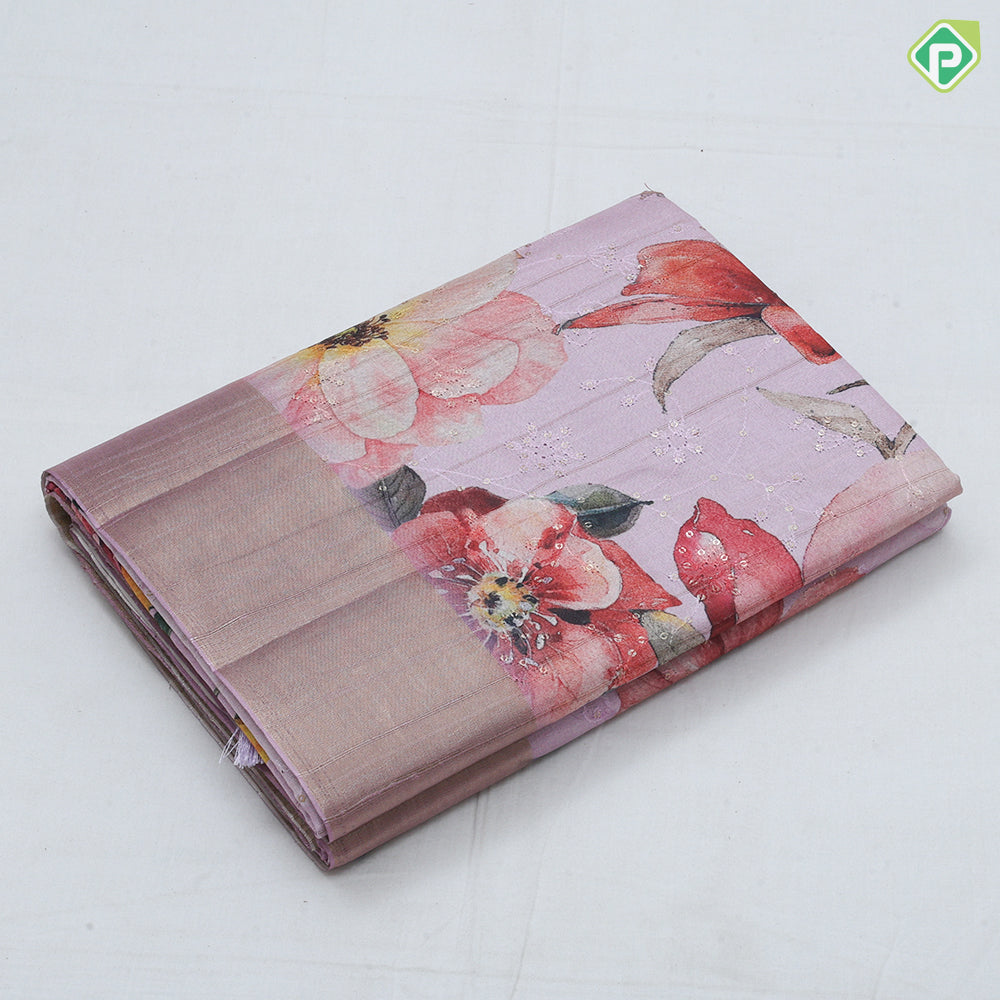 peach flower print and embroidered design gold zari plain border fancy cotton saree