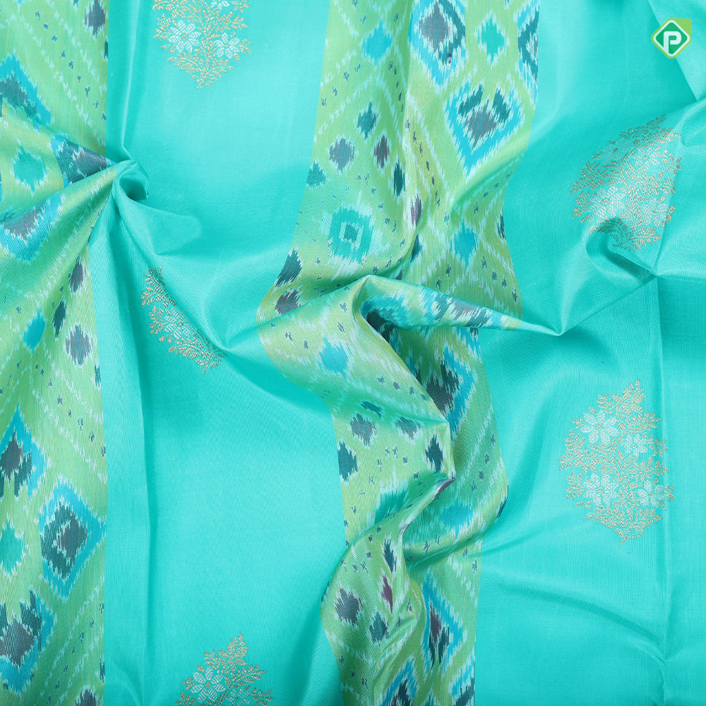 Rexona Green silver Gold Zari Butta Ikkat Pochampalli silk saree