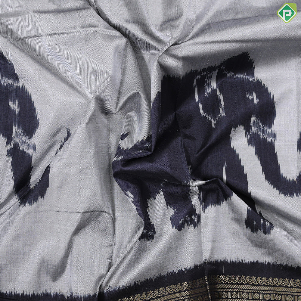 Ash Grey Big Elephant ikkat Design Contrast Black Gold Zari Peacock and mango multi lines border Ikkat silk saree