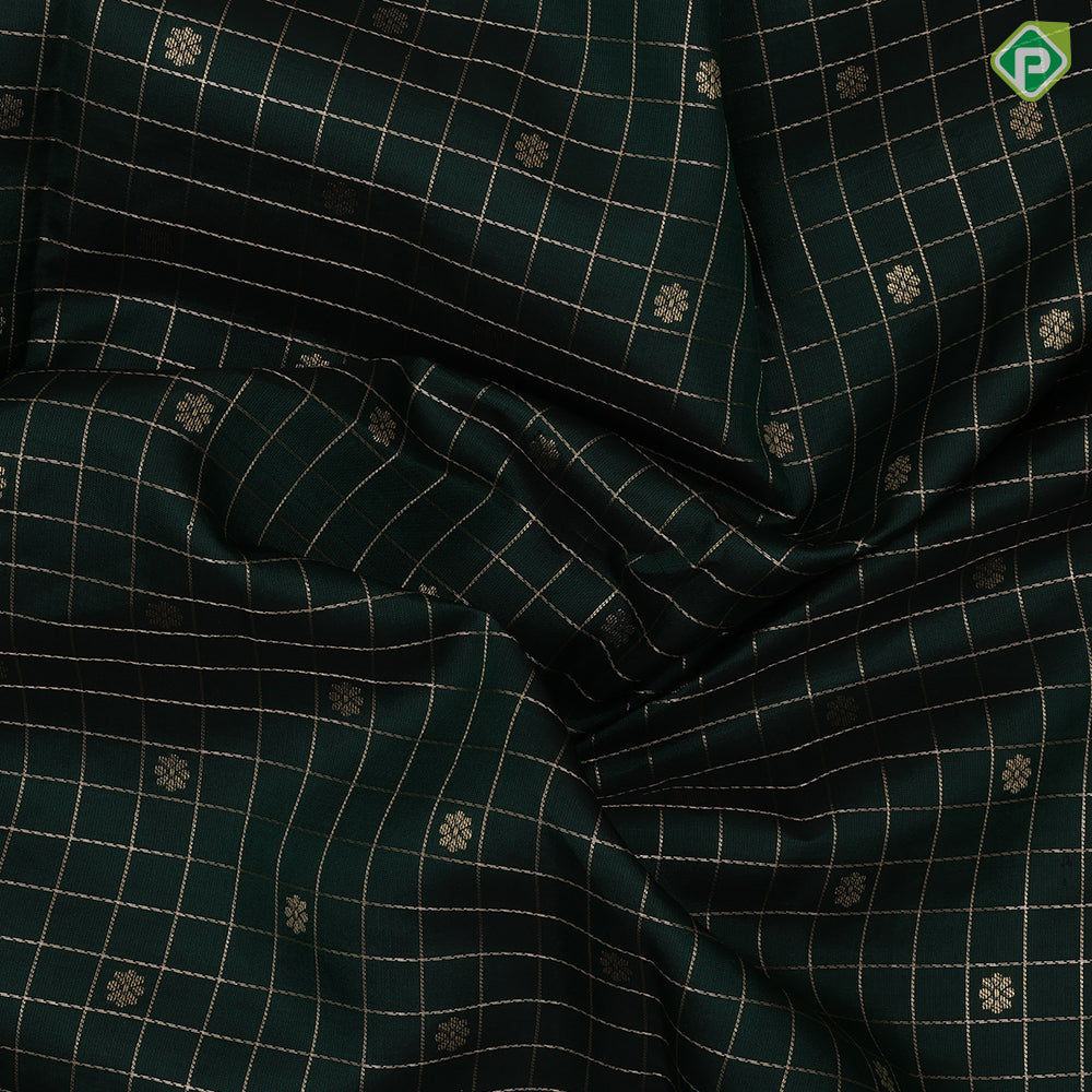 Bottle Green Gold Zari Checks Flower Motif Design Red Peacock Elephant Mango Border Design Traditional Silk Saree