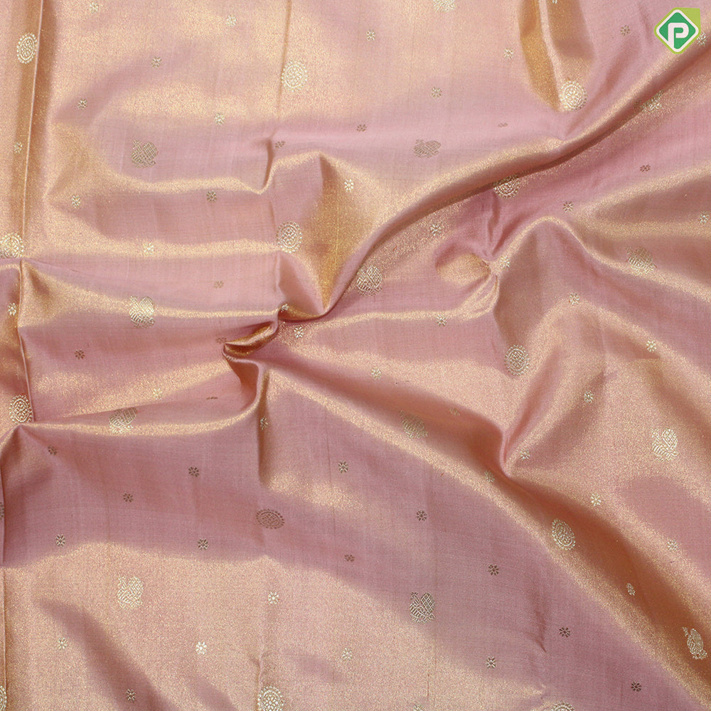 Baby Pink Gold Tissue Peacock And Flower Motif With Purple Color Border Traditional Silk Saree
