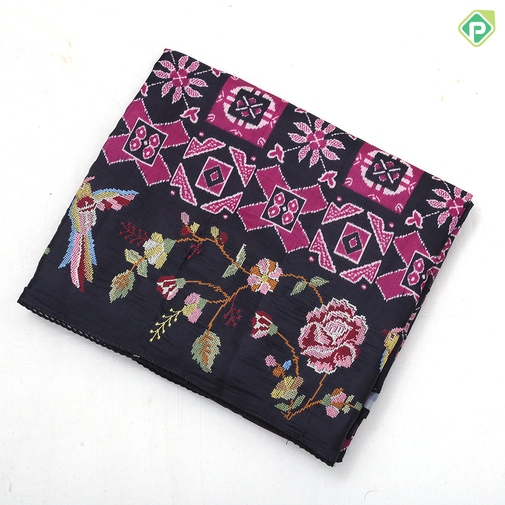 Black base trending color geometrical pattern self multi color embroidered border fancy dola silk saree