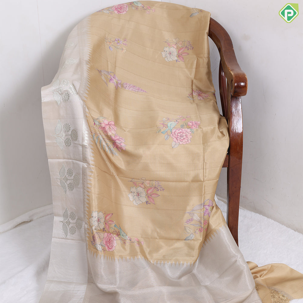 Sandal Colour With Multi Colour Flowers Printed Design Semi tusser Fancy Saree