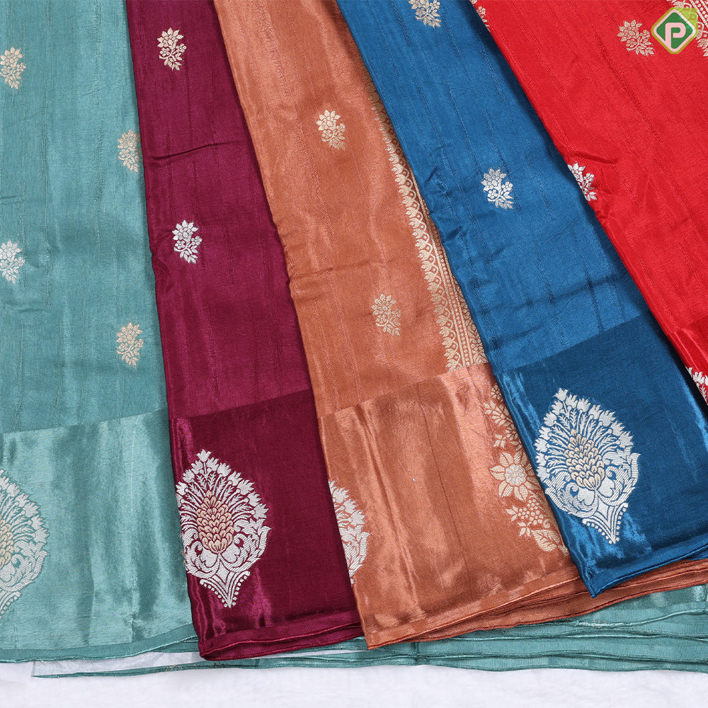 Sea Green With Gold Zari Flower Butta Design Satin Fancy Saree