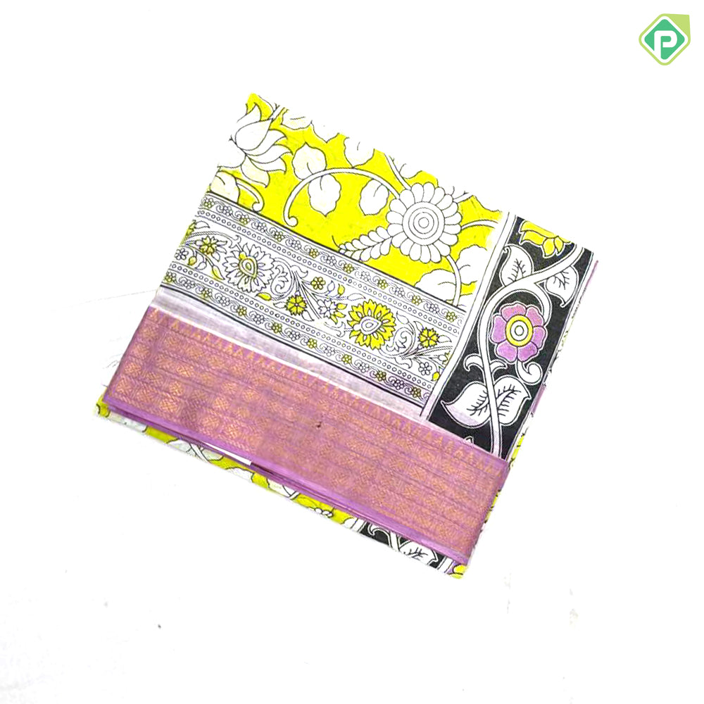 Honey orange multi color kalamkari printed design contrast pink gold zari border fancy cotton saree