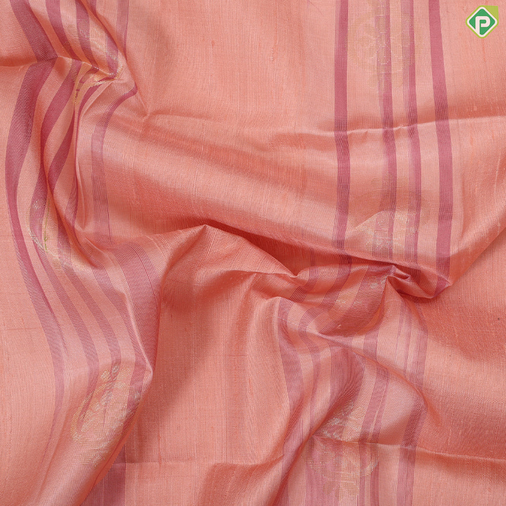 Peach and onion pink stripes gold zari round flower design borderless grand pallu soft silk saree