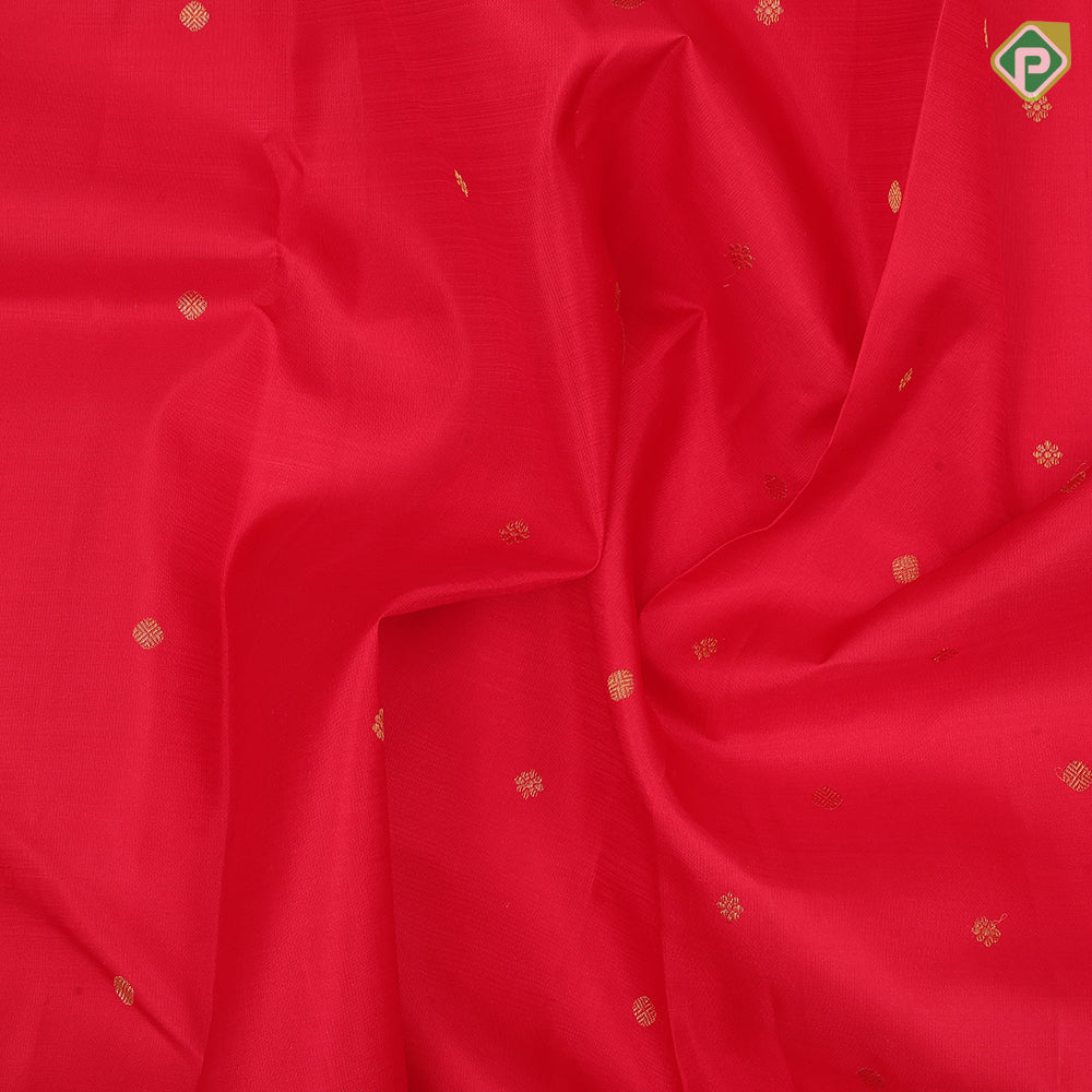 Chilly red gold zari small chakkaram and rudraksham butta self gold zari edge border traditional silk saree
