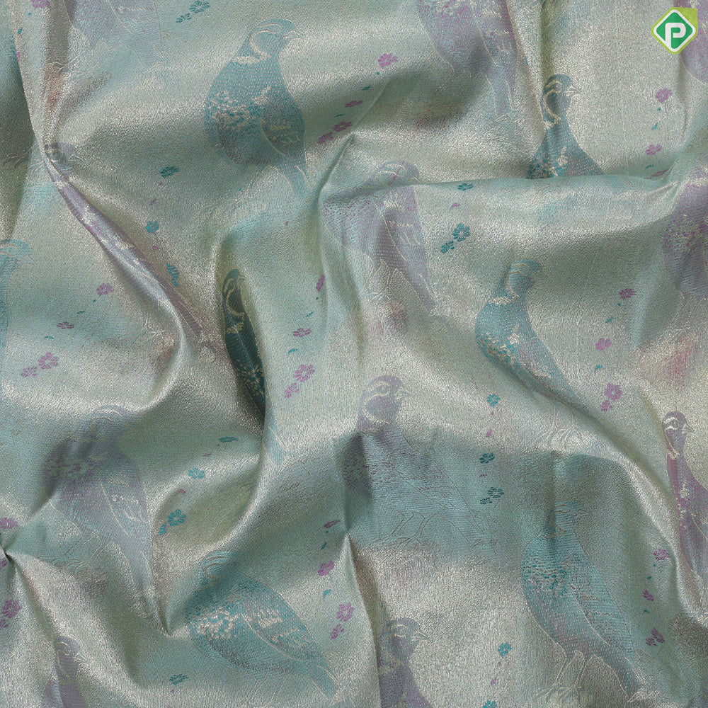 Pista green zari silk thread dove on branch painting inspired onion pink silver gold zari spin border trendy tissue saree