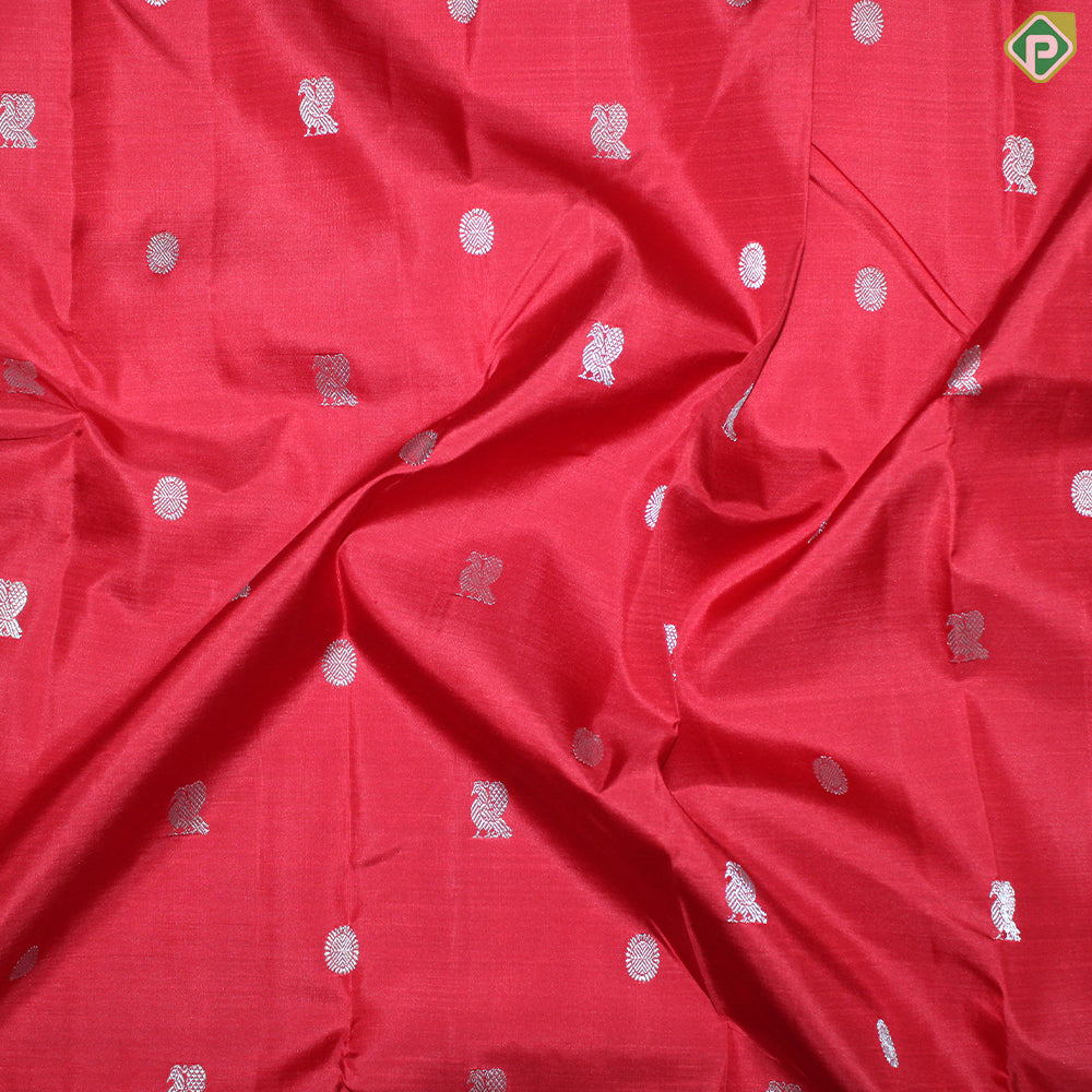 Sendoram Red Silver Zari Peacock Chakra Butta Silver Zari Edge Border Traditional Silk Saree