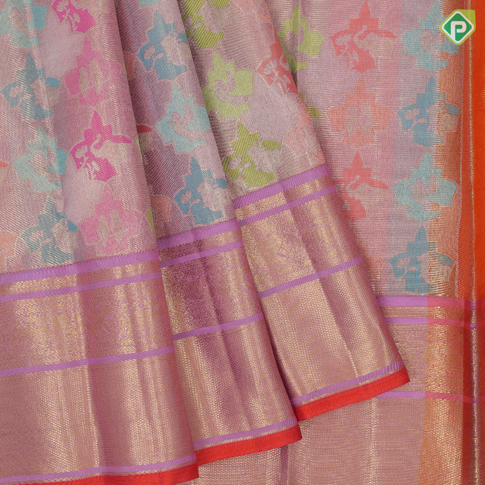 Pewter pink base multi color silver gold zari animals butta light pink gold zari diamond border pattu paavadai