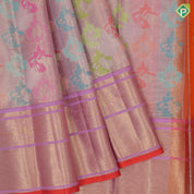 Pewter pink base multi color silver gold zari animals butta light pink gold zari diamond border pattu paavadai
