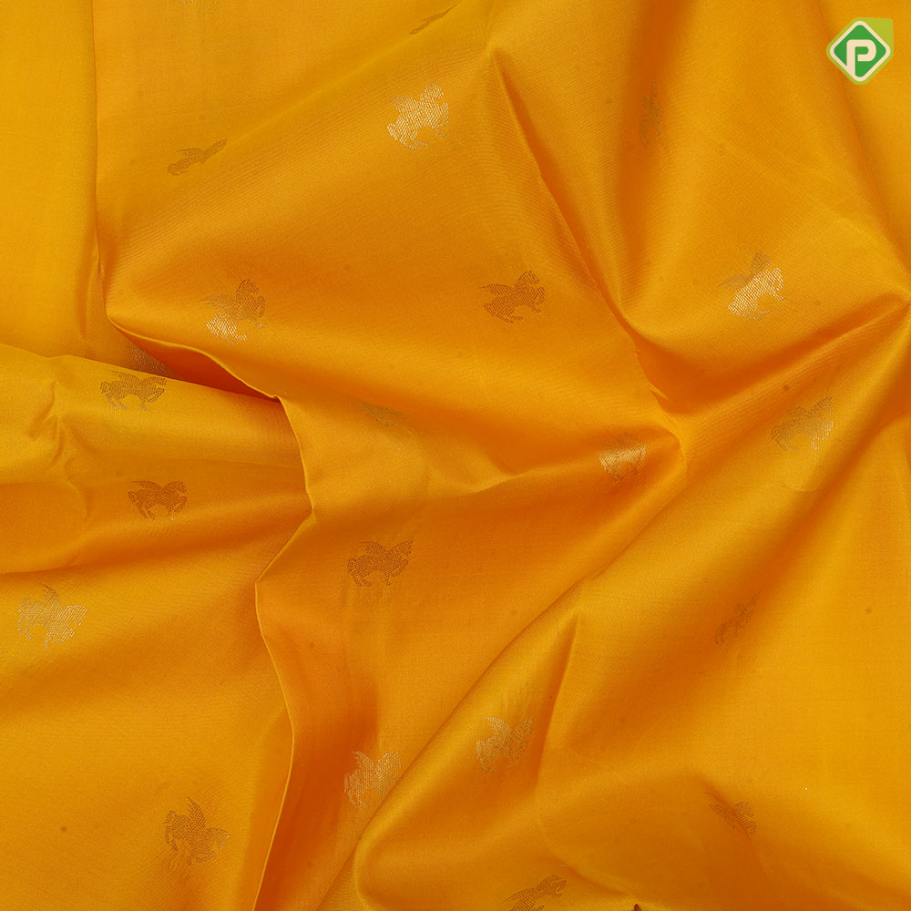 Mango yellow gold zari flying Kamdhenu butta olive green gold zari multi design line border traditional silk saree