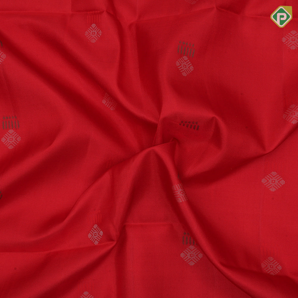Tomato red silver zari silk thread fancy butta mustard yellow silver zari temple border soft silk saree