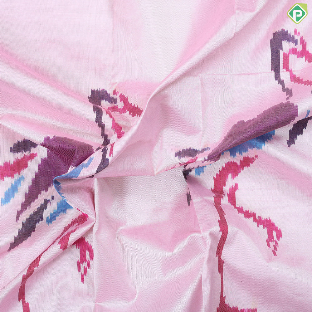 Powder Pink multi color Flamingo ikkat design Violet gold zari diamond butta border ikkat silk saree