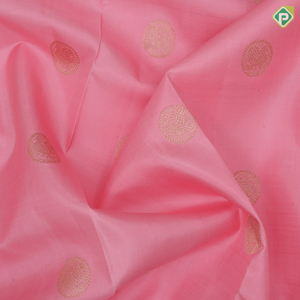 Salmon Pink Gold Zari Peacock Motif Design Purple Colour Yazhi Peacock Ruthracham Border Design Traditional Silk Saree