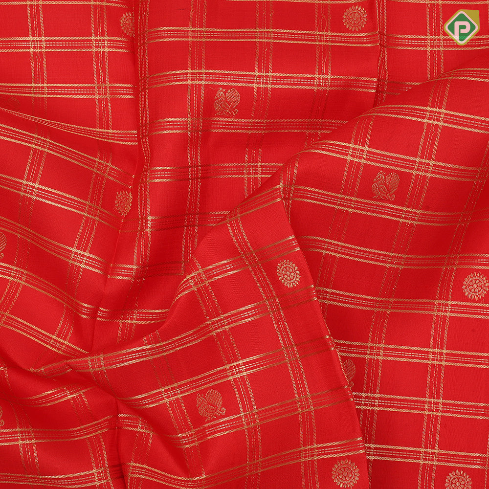 Chilly Red Gold Zari Checked Peacock Chagaram Design Self Peacock Mayilkan Border Design Traditional Silk Saree