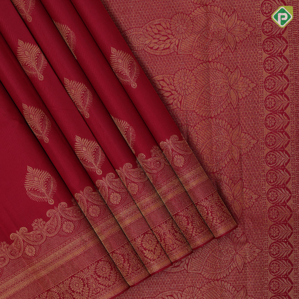 Maroon red gold zari fancy leaf design self gold mango butta turning border gift silk saree