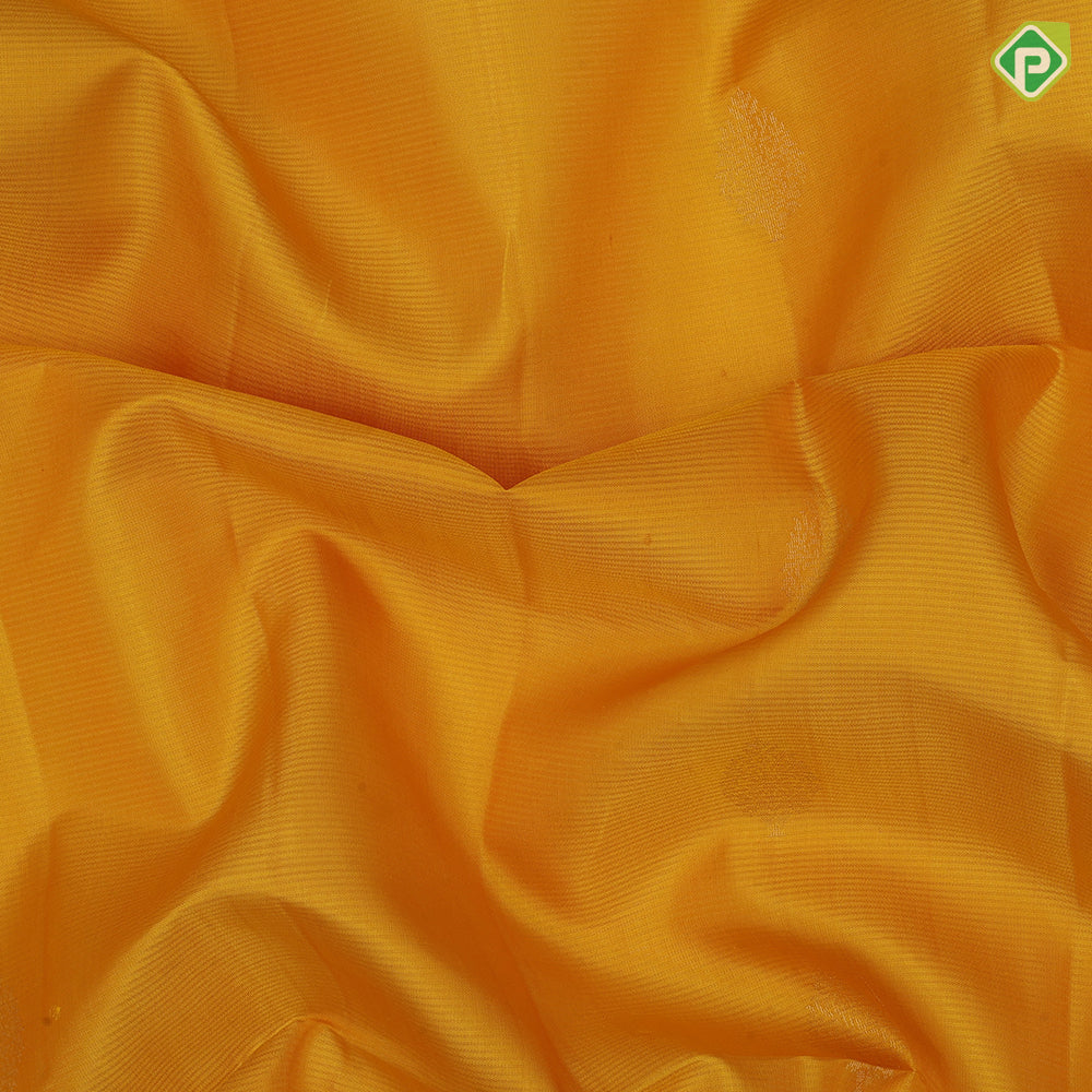Corn yellow gold zari fancy leaf butta motifs light beige plain border contrast grand pallu soft silk saree