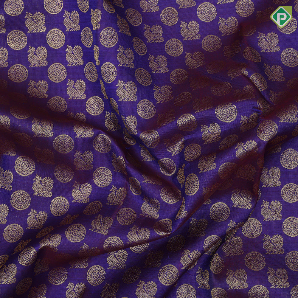 Purple blue gold zari Annam Chakkaram motifs full body rani gold zari High border bridal silk saree